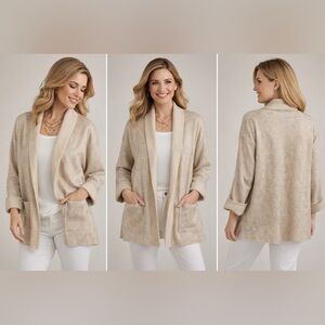 Chico’s 100% Wool Cardigan Jacket Beige Metallic Shimmer Open Front Size 1